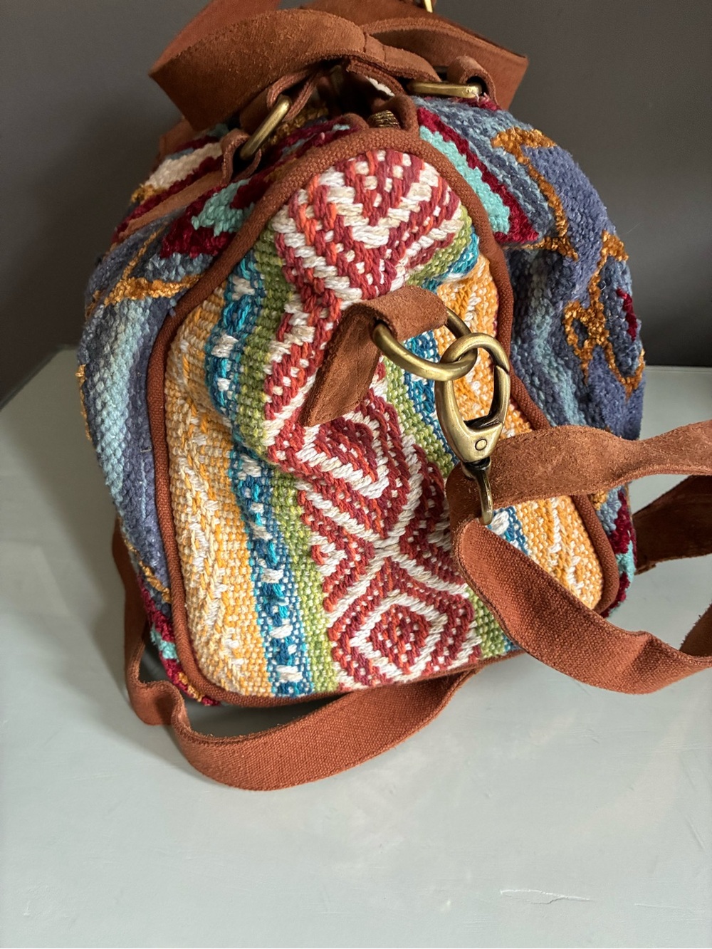 Southwestern Hippie Bohemian Tapestry textured Crossbody Bag with Top Handles - Picture 7 of 10